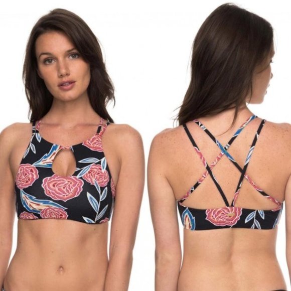 NEW Roxy Rose Print Halter Crop Bikini Swim Top - Picture 1 of 4